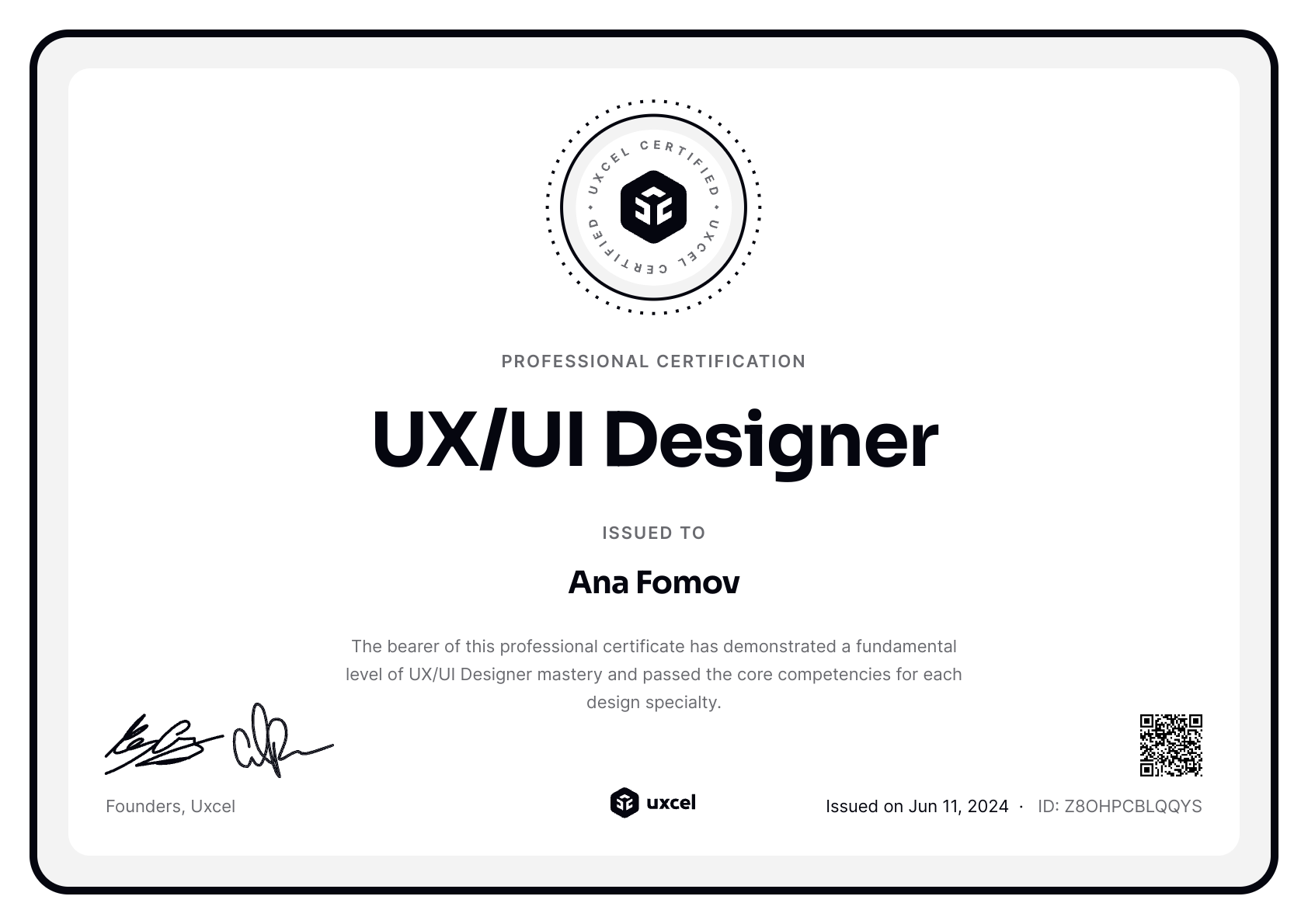 Ana Fomov's certificate